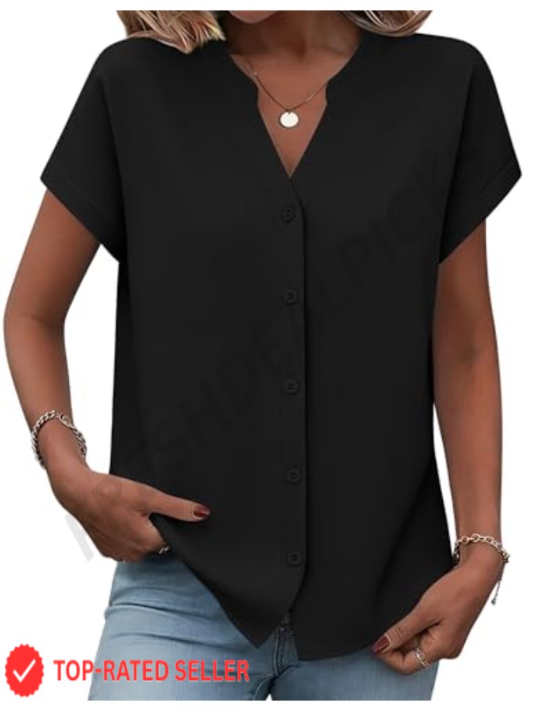 Short Sleeve V-Neck Button Down Shirt Blouse Business Casual